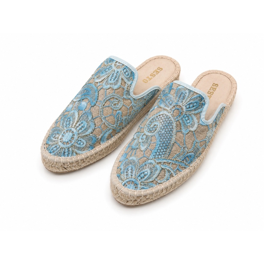 Sesto Meucci Womens Blue Floral Lace Espadrille Mules Shoes Made in Spain Size 8